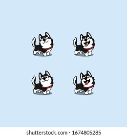 Cute siberian husky dog cartoon set, vector illustration