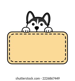 Cute siberian husky dog with frame border template cartoon, vector illustration