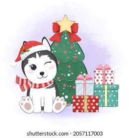 Cute Siberian Husky dog and gift box with Christmas tree. Christmas season illustration.