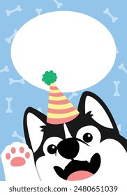 Cute siberian husky dog with party hat waving paw cartoon greeting card, vector illustration