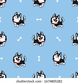 Cute siberian husky dog smiling cartoon seamless pattern, vector illustration