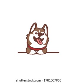 Cute siberian husky dog smiling over wall cartoon, vector illustration