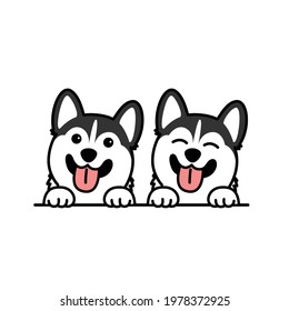 Cute Siberian Husky Dog Smiling Over Wall Cartoon, Vector Illustration