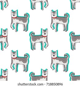 Cute Siberian Husky dog - vector seamless pattern. Kawaii puppy sketch
