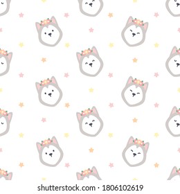 Cute siberian husky with flower crown seamless background repeating pattern, wallpaper background, cute seamless pattern background
