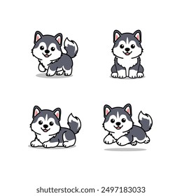 Conjunto de colección de dibujos animados de cachorro husky siberiano lindo, Ilustración vectorial