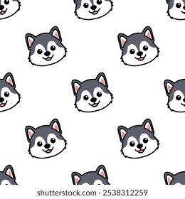 Cute siberian husky puppy face cartoon seamless pattern, vector illustration