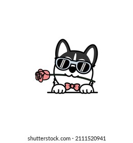 Cute siberian husky puppy holding a rose in mouth cartoon, vector illustration