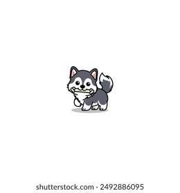 Cute siberian husky puppy holding toy in mouth cartoon, vector illustration