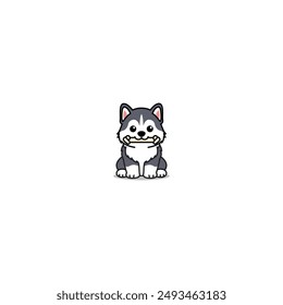 Cute siberian husky puppy holding toy in mouth and sitting cartoon, vector illustration