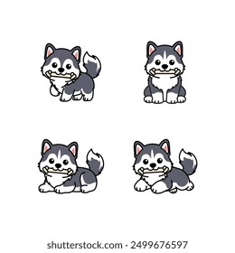 Cute siberian husky puppy holding toy in mouth cartoon collection set, vector illustration