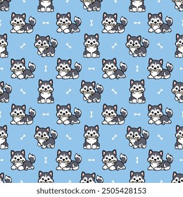 Cute siberian husky puppy holding toy in mouth cartoon seamless pattern, vector illustration