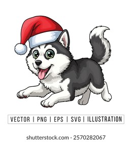 Cute Siberian Husky Puppy in Santa Hat - Christmas Cartoon Vector Illustration