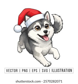 Cute Siberian Husky Puppy in Santa Hat - Christmas Cartoon Vector Illustration