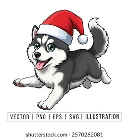 Cute Siberian Husky Puppy in Santa Hat - Christmas Cartoon Vector Illustration