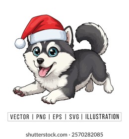 Cute Siberian Husky Puppy in Santa Hat - Christmas Cartoon Vector Illustration