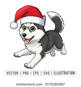 Cute Siberian Husky Puppy in Santa Hat - Christmas Cartoon Vector Illustration