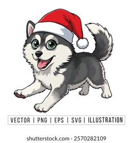 Cute Siberian Husky Puppy in Santa Hat - Christmas Cartoon Vector Illustration