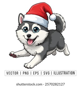 Cute Siberian Husky Puppy in Santa Hat - Christmas Cartoon Vector Illustration