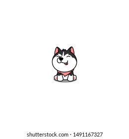 Cute siberian husky puppy sitting and smiling cartoon icon, vector illustration