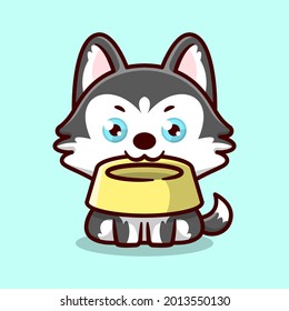 CUTE SIBERIAN HUSKY IS SITTING AND BRINGING A FOOD FEEDING BOWL CARTOON MASCOT