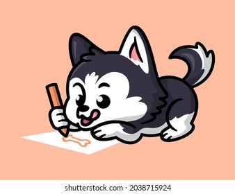 Cute siberian husky is using a color pen to drawing on a paper. Cartoon illustration
