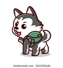 CUTE SIBERIAN HUSKY IS WEARING A GREEN BAG CARTOON MASCOT.