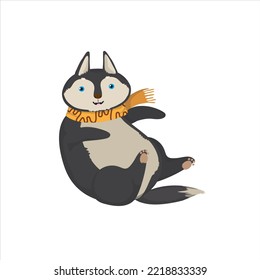 Cute siberian Husky. Winter character, mascotte. Flat cartoon vector Illustration. For Christmas Party decoration, New year Party, sticker, greeting card.