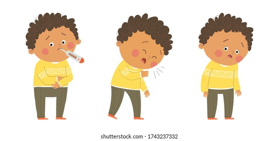 Cute sick african american boy. Flu symptoms fever, cough, tiredness. Cartoon vector hand drawn eps 10 illustration isolated on white background in a flat style.