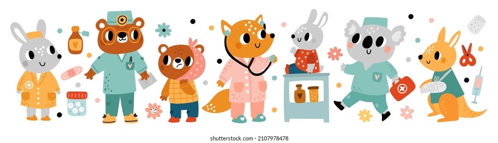 Cute sick animal. Funny doctors and patient. Injuries, bruises and bad tooth. Bear in medical uniform. Fox with stethoscope. Koala pediatrician and hare dentist. Vector