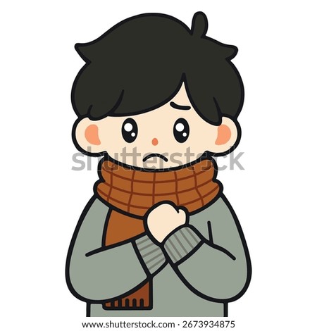 Cute Sick Boy Shivering with Fever Flat Vector Illustration