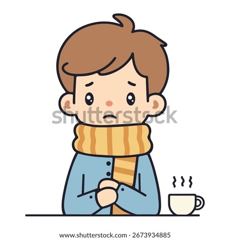Cute Sick Boy Shivering with Fever Flat Vector Illustration