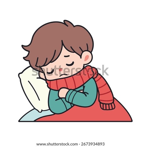 Cute Sick Boy Shivering with Fever Flat Vector Illustration