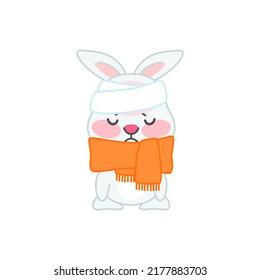 Cute sick bunny. Flat cartoon illustration of a sad little rabbit with head bandage and scarf isolated on a white background. Vector 10 EPS.
