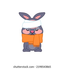 Cute sick bunny. Flat cartoon illustration of a sad little black rabbit with head bandage and scarf isolated on a white background. Vector 10 EPS.
