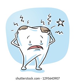 Cute sick cartoon tooth having head ache pain and tooth decay. Hand drawn cartoon sketch vector illustration, whiteboard marker style coloring. 