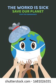 Tierra enferma, Coronavirus atacando la tierra, caricatura de llanto de tierra, concepto de virus Corona, ilustración vectorial