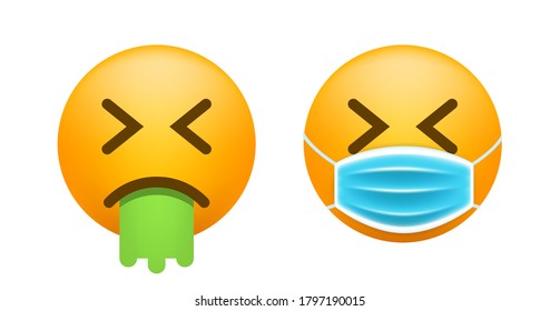 Cute Sick Emoticon with Face Mask on White Background. Isolated Vector Illustration 
