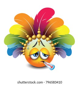 Cute sick emoticon isolated on white background with thermometer and carnival headdress -emoji - smiley - vector illustration