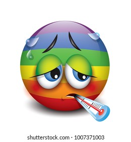 Cute sick emoticon with thermometer, emoji, smiley - vector illustration