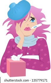 Cute sick girl with pink hair and ice pack on her head taking temperature, vector illustration