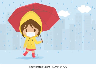 Cute sick girl playing with red umbrella in the rain.