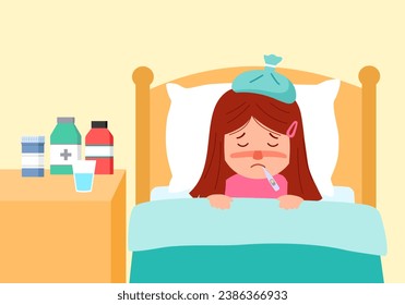 Cute sick girl with thermometer in mouth lay in bed. Flu child with fever. 