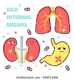 Cute sick internal organs icon set made in cartoon style. Lungs, kidneys, stomach characters. Medical concept. Vector illustration.
