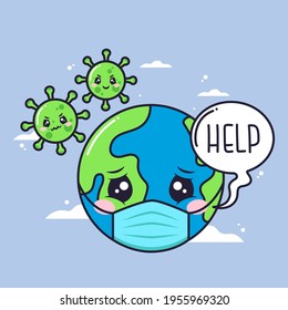 cute sick planet character with attacking virus