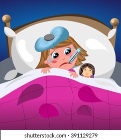 Cute sick and sad little girl in bed next to her favorite doll holding thermometer between lips and ice bag on head