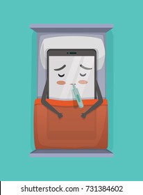 Un teléfono inteligente y enfermo cubierto de manta está acostado en la cama con termómetro en la boca. Ilustración vectorial. aislado