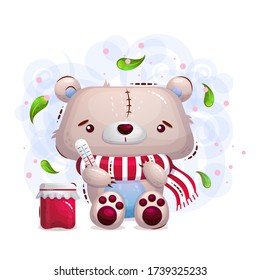 Cute sick teddy bear in a scarf and a can of jam. Vector dessert illustration on a children's background in the style of a cartoon.