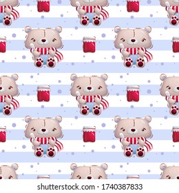 Cute sick teddy bear toy with a thermometer and in a scarf. A jar of jam and a striped background. Vector seamless pattern for textiles, wallpaper or wrapping paper