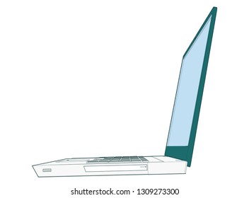 cute side view angle professional modern illustration of a Laptop open 115 degree blank empty screen USB DVD Keyboard visible